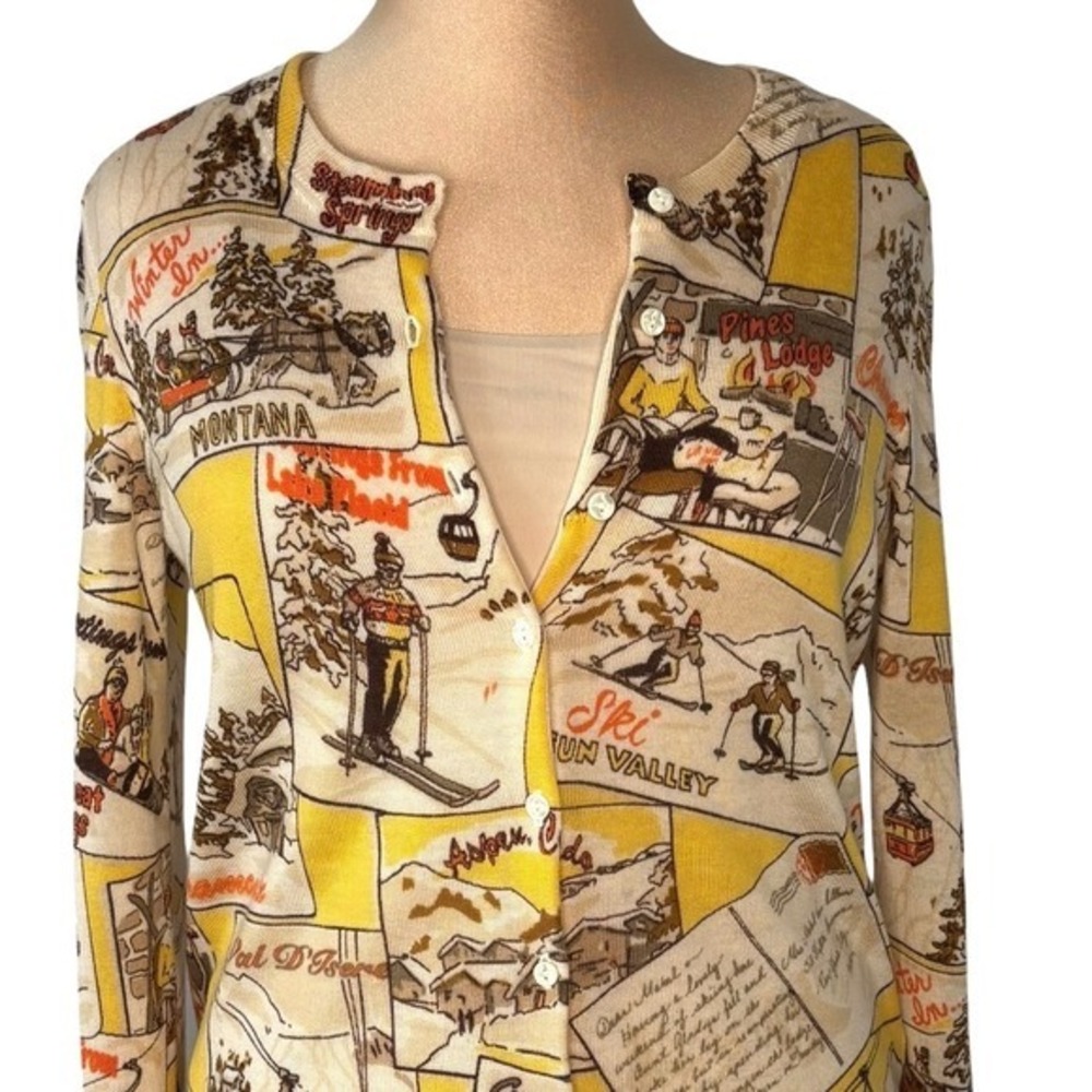 J.Crew Vintage Style Ski Postcard Print Cardigan Yellow Multi Novelty Sweater